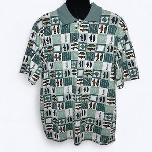 Vintage 90s Casual Pointe Polo Shirt Mens Sz L All Over Fish Print Outdoor NEW‎